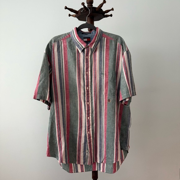 Tommy Hilfiger Other - 1990s Tommy Hilfiger Awning Stripped Linen Cotton Button Down Dad Shirt Sz XL